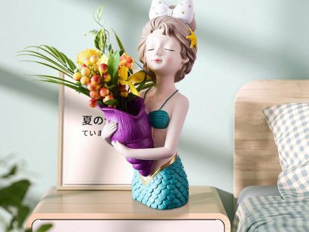 Maxbell  Cute Girl Dry Flower Vase Resin Home Office Desk Sculpture Mermaid_Blue Fashion