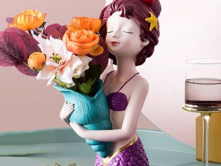 Maxbell  Cute Girl Dry Flower Vase Resin Home Office Desk Sculpture Mermaid_Purple Cheap